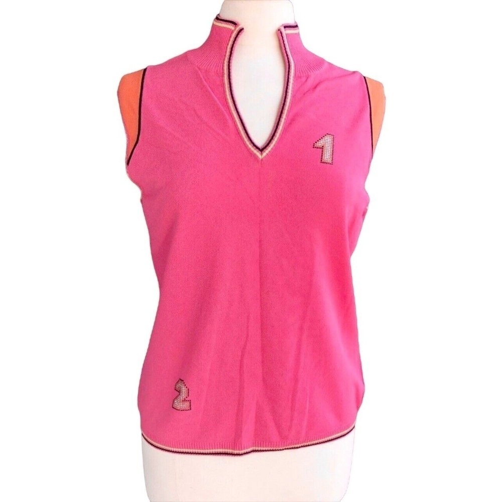 ESCADA Women’s Knit Golf Top Size 42 Pink Orange Embellished Rhinestones Sporty
